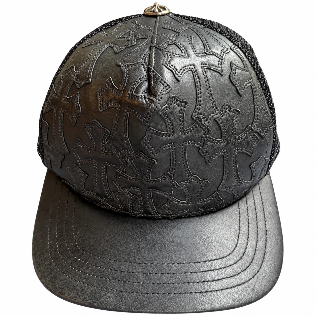 Chrome Hearts Black Leather Cross-Patch Trucker Hat